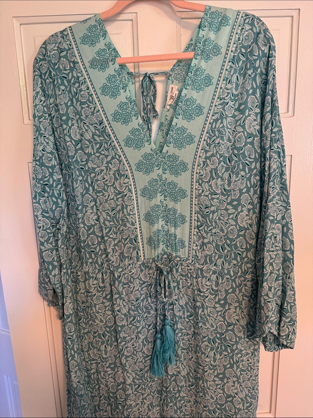Bohemian Maxi Dress with Tassel Tie in Teal - Picture 3 of 6